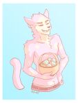  anthro clothed clothing easter easter_egg felid feline hair hi_res holding_object holidays male mammal pink_body pink_hair smile solo to(matto)3 topless 