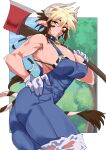  1girl animal_ears animal_print axe bell bikini bikini_under_clothes blonde_hair breasts brown_eyes brown_hair cathyl collar commentary_request cow_ears cow_girl cow_horns cow_print cow_print_bikini cow_tail cowbell cowboy_shot fugaku_(miko_no_miyatsuguchi) gloves hand_on_own_hip highres holding holding_axe horns huge_breasts looking_at_viewer minotaur monster_musume_no_iru_nichijou mouth_hold multicolored_hair muscular muscular_female outdoors outside_border overalls ponytail smile solo stalk_in_mouth swimsuit tail torn_clothes torn_overalls tree two-tone_hair white_gloves work_gloves 