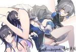  2girls 69 absurdres ahoge bare_legs bare_shoulders black_gloves black_headwear blush bronya_rand closed_eyes collarbone couple cunnilingus earrings embarrassed english_commentary furrowed_brow girl_on_top gloves grey_hair hair_between_eyes happy_sex highres holding_legs honkai:_star_rail honkai_(series) jewelry long_hair lying mie_xing multiple_girls open_clothes oral parted_lips seele_(honkai:_star_rail) shy smile twitter_username white_background yuri 