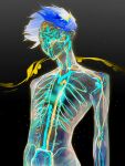  1other arms_at_sides black_background blue_hair completely_nude faceless faceless_other facing_viewer floating_hair highres houseki_no_kuni light_particles nude other_focus phosphophyllite phosphophyllite_(ll) short_hair solo spoilers upper_body x-ray xiaoxiaoguguzi 