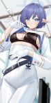  1girl absurdres aoi_(blue_archive) belt black_bra blue_archive blue_eyes blue_hair blush bra breasts cleavage gloves haerge halo high-waist_skirt highres long_sleeves medium_breasts mole mole_under_mouth pointy_ears short_hair skirt underwear white_gloves 