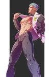  1boy abs bara bare_pectorals black_jacket black_pants closed_mouth clothes_lift cyrus_(pokemon) evinist highres jacket large_pectorals male_focus muscular muscular_male navel nipples open_clothes open_jacket pants pectorals pokemon pokemon_(game) pokemon_dppt shirt shirt_lift short_hair solo white_hair white_shirt 