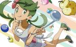  1girl :q berry_(pokemon) closed_mouth commentary_request flower footwear_ribbon green_eyes green_footwear green_hair green_headband green_ribbon grey_overalls hands_up headband highres holding holding_ladle index_finger_raised ladle long_hair looking_at_viewer mallow_(pokemon) oran_berry overall_shorts overalls pink_flower pink_shirt pokemon pokemon_(game) pokemon_sm ribbon rii_(mrhc7482) shirt shoes sitrus_berry smile solo swept_bangs tongue tongue_out twintails 