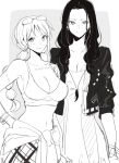  2girls bare_shoulders black_hair black_jacket braid breasts casual cleavage collarbone cowboy_shot dress earrings eyewear_on_head forehead greyscale hand_on_hip jacket jewelry joman large_breasts long_hair looking_at_viewer military military_vehicle monochrome motor_vehicle multiple_girls nami_(one_piece) navel nico_robin one_piece smile split_mouth tank white_background 