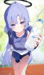  1girl absurdres blue_archive blush bottle breasts buruma gym_uniform halo highres holding holding_bottle jacket lanyard leaning_forward long_hair looking_at_viewer mechanical_halo medium_breasts outdoors ponytail purple_eyes purple_hair shenqi_de_(9) shirt solo sticker_on_face sweat water_bottle yuuka_(blue_archive) yuuka_(track)_(blue_archive) 