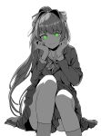 1girl absurdres blazer commentary_request doki_doki_literature_club green_eyes greyscale hair_ornament hands_on_own_face highres jacket long_hair long_sleeves looking_at_viewer monika_(doki_doki_literature_club) monochrome neckerchief ossou_rocket ponytail sailor_collar school_uniform simple_background sitting skirt smile socks solo white_background 