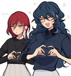  ... 2girls aoba_tsumugi black_shirt blue_hair blue_shirt blush closed_eyes collared_shirt ensemble_stars! genderswap genderswap_(mtf) glasses heart heart_hands highres long_hair long_sleeves looking_at_another lummy_yummy multicolored_hair multiple_girls open_mouth red_hair sakasaki_natsume shirt short_sleeves skirt wavy_hair white_background white_hair white_skirt 