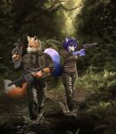  anthro canid canine clothed clothing crossover duo female forest fox fox_mccloud goldeneye gun hi_res jungle krystal male male/female mammal military_clothing nintendo plant ranged_weapon star_fox tree video_game_reference weapon xussurix 