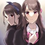  2girls assault_lily blue_bow blue_hairband bow bow_hairband bowtie braid brown_background brown_hair brown_jacket closed_mouth collared_shirt commentary_request french_braid fukuyama_jeanne_sachie gradient_background grey_background hair_bow hair_ribbon hairband hand_on_own_chest hand_up highres jacket juliet_sleeves kuroki_francisca_yuria long_hair long_sleeves looking_at_viewer looking_to_the_side ludvico_private_girls&#039;_academy_school_uniform medium_hair mole mole_above_mouth mole_under_mouth multiple_girls pink_bow pink_bowtie pink_eyes pink_ribbon puffy_sleeves red_eyes ribbon school_uniform shakeza shirt upper_body white_shirt 