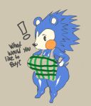  animal_crossing anthro apron apron_only big_breasts blue_body breasts cleavage clothed clothing english_text eulipotyphlan exclamation_point female fruitysnacks hedgehog mammal mostly_nude nintendo question_mark sable_able solo text thick_thighs wide_hips 
