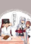  1boy 2girls admiral_(kancolle) beritabo blue_sailor_collar brown_eyes brown_hair cherry_blossoms cup curry dress drinking_glass food fuyutsuki_(kancolle) gloves grey_eyes grey_hair grey_neckerchief grey_shawl grey_thighhighs hachimaki hair_between_eyes half_gloves headband highres holding_cooking_pot kantai_collection long_hair long_sleeves multiple_girls neckerchief one_eye_closed one_side_up oven_mitts sailor_collar sailor_dress school_uniform serafuku shawl short_hair smile speaking_tube_headset speech_bubble spoon thighhighs translation_request white_headband white_sailor_collar yukikaze_(kancolle) yukikaze_kai_ni_(kancolle) 