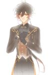  absurdres adjusting_clothes adjusting_gloves earrings formal genshin_impact gloves highres jewelry looking_at_viewer male_focus official_alternate_costume ppttlyr single_earring solo solo_male white_background zhongli_(genshin_impact) 