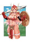  1girl bikini blonde_hair breasts cleavage closed_mouth commentary_request commission cosplay cropped_legs dragon_quest dragon_quest_iii epaulettes fugaku_(miko_no_miyatsuguchi) gloves helmet highres holding holding_shield holding_sword holding_weapon horns hoshiguma_yuugi large_breasts long_hair looking_at_viewer multiple_sources muscular muscular_female navel oni_horns outdoors pelvic_curtain red_bikini red_eyes red_gloves red_headwear red_horns shield single_horn skeb_commission smile soldier_(dq3) soldier_(dq3)_(cosplay) solo swimsuit sword touhou weapon winged_helmet 