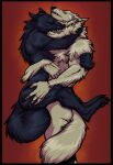 ambiguous_gender anthro bite black_body black_fur canid canine canis carrying_another carrying_partner duo embrace eyes_closed fangs fur grey_body grey_fur hi_res hug male mammal nude pawpads teeth vagabond_(artist) were werecanid werecanine werewolf wolf 