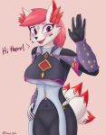 2023 anthro big_breasts breasts canid canine clothed clothing digital_media_(artwork) dmoon epic_games female fortnite fox fur hair hi_res humanoid kimiko_(fortnite) looking_at_viewer mammal pink_hair scar simple_background solo tail text white_body white_fur wide_hips 