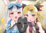  2girls :d absurdres akatsuki_uni animal_ears asmr binaural_microphone black_gloves blonde_hair blush bow brown_eyes commentary_request gloves grey_hair hair_bow highres indoors long_hair long_sleeves looking_at_viewer microphone mochizuki_himari multiple_girls neumann_ku_100 oversized_zipper partially_fingerless_gloves pom_pom_(clothes) rabbit_ears rabbit_girl red_eyes smile two_side_up uni_create upper_body virtual_youtuber yunagi921 