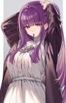  1girl adjusting_hair arms_up black_coat blunt_bangs breasts coat collar dress fern_(sousou_no_frieren) frilled_collar frills hair_tie hair_tie_in_mouth hand_in_own_hair hands_in_hair holding holding_hair large_breasts long_hair long_sleeves mouth_hold purple_eyes purple_hair purple_pupils shuri_(84k) sidelocks solo sousou_no_frieren straight_hair tying_hair white_dress 