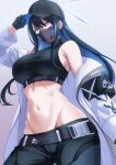  1girl bare_shoulders blue_archive breasts commentary_request cowboy_shot groin highres large_breasts looking_at_viewer makiri_akira midriff navel saori_(blue_archive) solo standing 