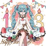  1girl aqua_eyes aqua_hair blueberry candle dress elina_(e2n04n) food frilled_dress frills fruit hair_ornament happy_birthday hatsune_miku jewelry open_mouth raspberry ribbon strawberry twintails vocaloid 