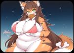  anthro big_breasts bra breasts brown_hair canid canine clothing female food food_in_mouth fur green_eyes hair hi_res huge_breasts magu_mm_0824 mammal meat meat_on_bone orange_body orange_fur overweight overweight_anthro solo thick_thighs underwear 
