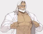  1boy abs bara bare_pectorals beard blue_eyes dark-skinned_male dark_skin dressing facial_hair grey_background highres jp_(street_fighter) large_pectorals long_hair looking_down male_focus mature_male muscular muscular_male mustache nipples old old_man open_clothes open_shirt pectorals sa1k0p solo street_fighter street_fighter_6 thick_eyebrows thick_mustache upper_body white_hair 