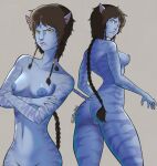  absurd_res age_difference alien alien_humanoid angry animal_humanoid anthro black_hair blue_body blue_skin breasts felid felid_humanoid feline feline_humanoid female genitals hair hi_res humanoid hybrid james_cameron&#039;s_avatar kiri_(avatar) mammal mammal_humanoid monke_brush na&#039;vi nipples nude pussy queue_(hairstyle) sassy signature simple_background solo striped_body stripes tongue tongue_out yellow_eyes younger_female 