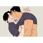  2boys artist_name bara bare_pectorals black_hair blush closed_eyes clothes_lift couple hug kashikahaya kiss kissing_cheek large_pectorals male_focus multiple_boys muscular muscular_male open_mouth original pectorals scar scar_on_cheek scar_on_face shirt shirt_lift short_hair smile yaoi 