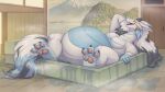  ambiguous_gender anthro bath bathhouse belly belly_scales big_belly dragon eyes_closed fur furred_dragon hi_res horn open_mouth open_smile overweight pawpads relaxed_expression relaxing scales smile solo solo_focus steaming tail the-b3ing thick_tail water watermark 