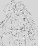  abs anthro armpit_hair blaidd_(elden_ring) body_hair bulge canid canine canis cape clothing elden_ring fromsoftware hi_res looking_at_viewer male mammal monochrome muscular muscular_anthro muscular_male pecs pubes scar serenaught simple_background solo wolf 