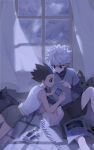  2boys absurdres black_hair black_shorts blue_eyes blue_sweater brown_eyes commentary curtains food_in_mouth gon_freecss grey_shirt grey_shorts highres hunter_x_hunter indoors killua_zoldyck layered_shirt layered_sleeves long_sleeves lying maosishu midriff multiple_boys newspaper night nintendo_switch on_stomach pillow playing_games pocky_in_mouth pointing pointing_at_another shirt shirt_rolled_up short_over_long_sleeves short_sleeves shorts sitting sleeveless sleeveless_shirt spiked_hair sweater t-shirt tank_top toy turtleneck v-shaped_eyebrows white_hair white_shirt window yaoi 