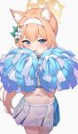  1girl absurdres animal_ear_fluff animal_ears blonde_hair blue_archive blue_eyes blush commentary_request flower hair_ornament hairband halo highres mari_(blue_archive) midriff millennium_cheerleader_outfit_(blue_archive) navel pizza_(pizzania_company) pom_pom_(cheerleading) skirt solo white_background 
