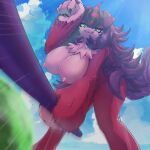  anthro big_breasts breasts canid canine canis cloud domestic_dog donna_dagger_fur_hire duel_monster ebino_senaka female food fruit fur hair hi_res mammal melon nipples nude outside plant purple_hair red_body red_fur sky solo standing tongue tongue_out yellow_eyes yu-gi-oh! 