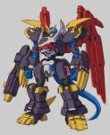  arm_cannon armor black_armor clenched_hand digimon digimon_(creature) highres imperialdramon_fighter_mode mecha mechanical_wings no_humans red_eyes redesign robot science_fiction sketch solo standing tail tanimeso weapon wings 