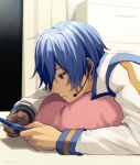  bed blue_eyes blue_hair blue_nails cellphone hair_between_eyes headpiece highres holding holding_phone indoors kaito_(vocaloid) looking_at_phone lying male_focus nail_polish nokuhashi on_bed on_stomach phone pillow short_hair vocaloid 