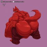  anthro anus anus_peek backsack balls belly big_belly big_butt bottomwear bottomwear_pull butt canid canine canis clothing clothing_pull cold_quarantine demon digital_media_(artwork) fur genitals hair huge_belly huge_butt jackal looking_at_viewer male mammal moobs morbidly_obese nude obese open_mouth overweight pants pants_pull signature smile solo tail text the_frosty_chemist thick_thighs tongue vore zici_(johnnyfiveaces) 