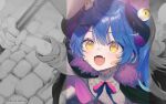  1girl ahoge amamiya_kokoro bandaid bandaid_on_cheek bandaid_on_face black_cape black_horns blue_hair cape eyeball_hair_ornament fangs hair_ornament horns long_hair natsuhiko nijisanji open_mouth skin_fangs smile twintails virtual_youtuber x_hair_ornament yellow_eyes 