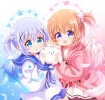  2girls :d angora_rabbit animal araki495 blue_eyes blue_flower blue_hair blue_sailor_collar blush brown_hair chestnut_mouth coat commentary dress feathered_wings flower gochuumon_wa_usagi_desu_ka? hair_flower hair_ornament halo highres holding holding_animal hood hood_down hooded_coat hoto_cocoa kafuu_chino long_sleeves multiple_girls one_side_up open_clothes open_coat pink_coat pink_flower pleated_dress puffy_long_sleeves puffy_sleeves purple_eyes rabbit revision sailor_collar smile tippy_(gochiusa) white_dress white_sailor_collar white_wings wings yellow_flower 