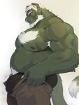  2023 3:4 absurd_res age_difference anthro armpit_hair beard belly big_bulge body_hair bottomwear bottomwear_down bulge butt chest_hair clothed clothing clothing_pull facial_hair felid fur green_body green_fur hair hi_res male mammal meme meme_clothing muscular muscular_anthro muscular_male nipples overweight overweight_male pantherine pants pants_down partially_clothed pecs portrait pulling_up_pants side_view sollyz solo three-quarter_portrait tight_pants_(meme) underwear wediz_(sollyz) white_hair younger_male 