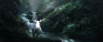  commentary creature day forest haru_akira highres leaf moss nature no_humans original outdoors river rock scenery sunlight water waterfall 