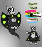  2019 anthro apollysabyss black_cape black_clothing black_sclera character_name clothing demisexual_pride_colors dragon green_cape green_clothing horn lgbt_pride looking_at_viewer machine model_sheet one_eye_closed pansexual_pride_colors pride_colors pronouns robot skyvern_(apollysabyss) smile solo trans_(lore) trans_man_(lore) transgender_pride_colors white_body white_eyes white_horn 