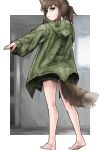  1girl :&lt; absurdres animal_ear_fluff animal_ears barefoot brown_eyes brown_hair closed_mouth commentary_request green_jacket green_shorts highres hood hood_down hooded_jacket jacket long_sleeves looking_at_viewer looking_back open_clothes open_jacket original outstretched_arm puffy_long_sleeves puffy_sleeves short_shorts shorts soles solo standing tail window yihan_world 