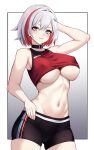  1girl arm_up bare_arms bare_shoulders black_shorts blue_eyes breasts colored_inner_hair commentary cowboy_shot crop_top highres honkai:_star_rail honkai_(series) large_breasts looking_at_viewer midriff multicolored_hair navel red_hair red_shirt shirt short_hair short_shorts shorts skindentation sleeveless sleeveless_shirt smile solo standing stomach topaz_(honkai:_star_rail) underboob white_hair yan_kodiac 