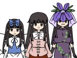  3girls baystarsapphire black_hair blunt_bangs bow brown_hair china_dress chinese_clothes dress elbow_gloves fairy_wings flower flower_on_head gloves hair_bow height_difference hime_cut houraisan_kaguya leaf_print looking_at_viewer multiple_girls pink_shirt puffy_short_sleeves puffy_sleeves purple_dress shirt short_sleeves smile star_sapphire touhou unfinished_dream_of_all_living_ghost white_background wings yomotsu_hisami 