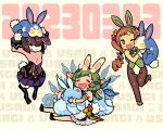  3girls ;d animal_ear_fluff animal_ears animal_hug animal_on_head blush brown_hair bunny_(sekaiju_s) closed_eyes commentary dated furry furry_female green_hair heart heart-shaped_mouth heart_in_mouth highres himukai_yuuji jenetta mononofu_(sekaiju) mononofu_4_(sekaiju) monster multiple_girls on_head one_eye_closed purple_eyes rabbit rabbit_day rabbit_ears rabbit_girl romaji_text sekaiju_no_meikyuu sekaiju_no_meikyuu_4 sekaiju_no_meikyuu_s sitting smile standing symbol-only_commentary 