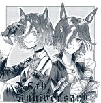  2girls animal_ears anniversary arm_up bare_shoulders blush commentary_request detached_sleeves eyepatch gloves greyscale grin hair_between_eyes hair_over_one_eye hand_up horse_ears jacket long_sleeves looking_at_viewer monochrome multicolored_hair multiple_girls natomo_garden open_clothes open_jacket outline sleeveless sleeveless_jacket sleeves_past_wrists smile streaked_hair tanino_gimlet_(umamusume) umamusume v-shaped_eyebrows vodka_(umamusume) white_outline 