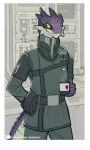  2020 anthro beverage biped black_pupils clothed clothing colored container cup darbaras detailed_background gloves green_eyes handwear hi_res holding_object lizard male malo_(darbaras) patreon patreon_logo pupils purple_body purple_scales reptile scales scalie smile solo tail teeth text uniform url yellow_sclera zipper 