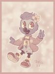  2023 accessory african_grey afrotropical_parrot android anthro avian b.o.y.d. beak bird bottomwear brown_beak brown_legs button_(fastener) cardigan cheek_tuft cherry_blossom clothing dated disney ducktales ducktales_(2017) facial_markings facial_tuft feathers flower flower_in_hair flower_on_head footwear gesture graphic_tee grey_beak grey_body grey_clothing grey_feathers grey_legs hair hair_accessory head_markings head_tuft jacket machine male markings mask_(marking) parrot pink_background pink_clothing pink_eyes plant pom_poms robot sakura scuted_legs scutes shellyochunks shirt shoes shorts signature simple_background sneakers socks solo sweater t-shirt tan_background tan_clothing topwear true_parrot tuft v_sign white_clothing yellow_background yellow_clothing 