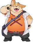  2023 anthro belly big_belly black_nose bottomwear brown_body brown_fur canid canine canis clothing domestic_dog fur herding_dog hi_res humanoid_hands kemono male mammal overweight overweight_male pants pastoral_dog shirokumaou shirt simple_background solo tongue tongue_out topwear welsh_corgi white_background 