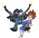  angry anthro armor bandai_namco blue_body commandramon digimon digimon_(species) digital_camo duo eyewear goggles gun headgear helmet hi_res human humor lego_tepi male mammal ranged_weapon scalie shooting simple_background tagiru_akashi weapon white_background 