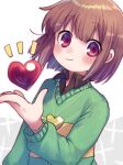  1girl black_shirt brown_hair chara_(undertale) collared_shirt gold_necklace green_sweater_vest hand_up heart heart_necklace jewelry long_sleeves looking_at_viewer necklace red_eyes shirt smile striped striped_sweater sweater sweater_vest undertale white_background xox_xxxxxx 